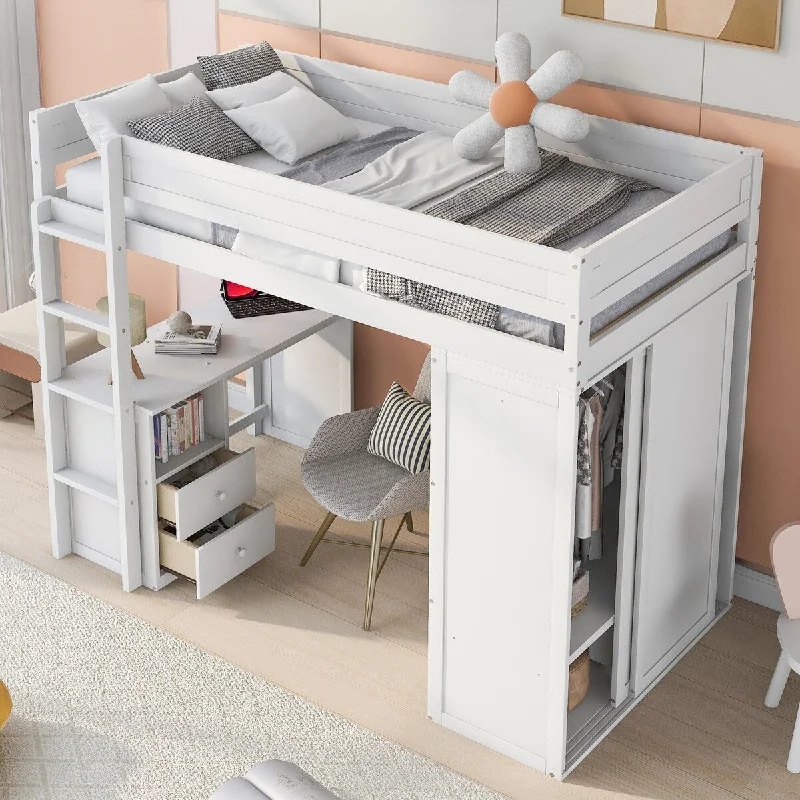 Wooden Twin Size Loft Bed with 2-Drawer Desk w/ Wardrobes Storage, Versatile Loftbed Frame for Kids Teens Adults Bedroom, White