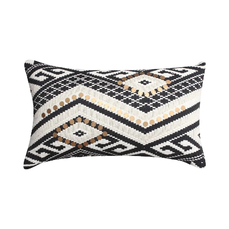 12 x 20 Rectangular Handwoven Jacquard Accent Lumbar Throw Pillow, Sequins, Geometric Design, White, Black - White