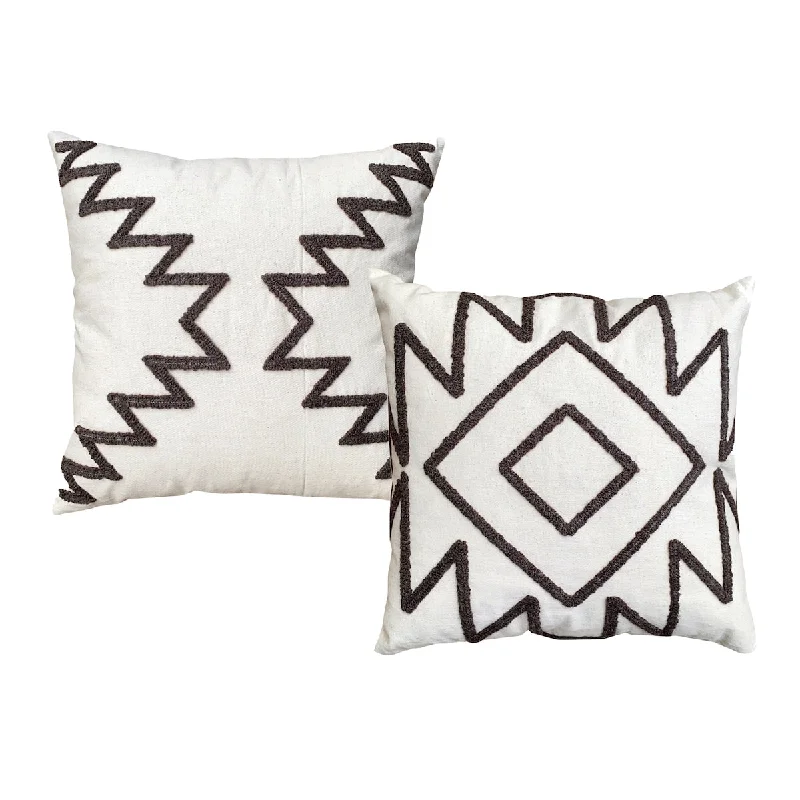 17 x 17 Inch 2 Piece Square Cotton Accent Throw Pillow Set with Modern Geometric Aztec Design Embroidery, White, Gray - White