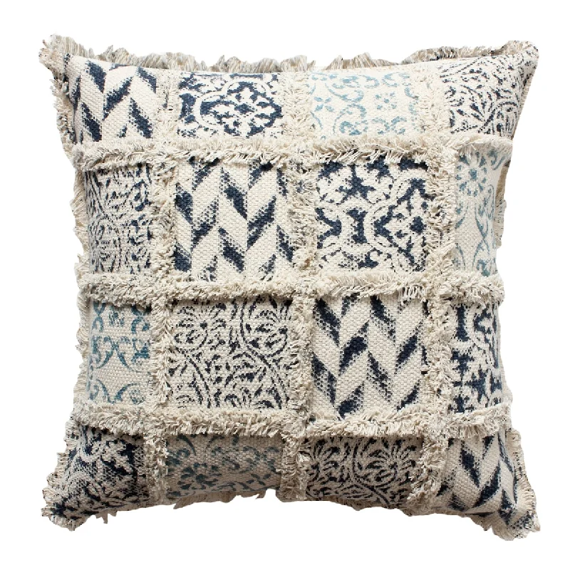 18 x 18 Square Cotton Accent Throw Pillow, Fluffy Fringes, Soft Block Print Raised Pattern, Cream, Blue - White