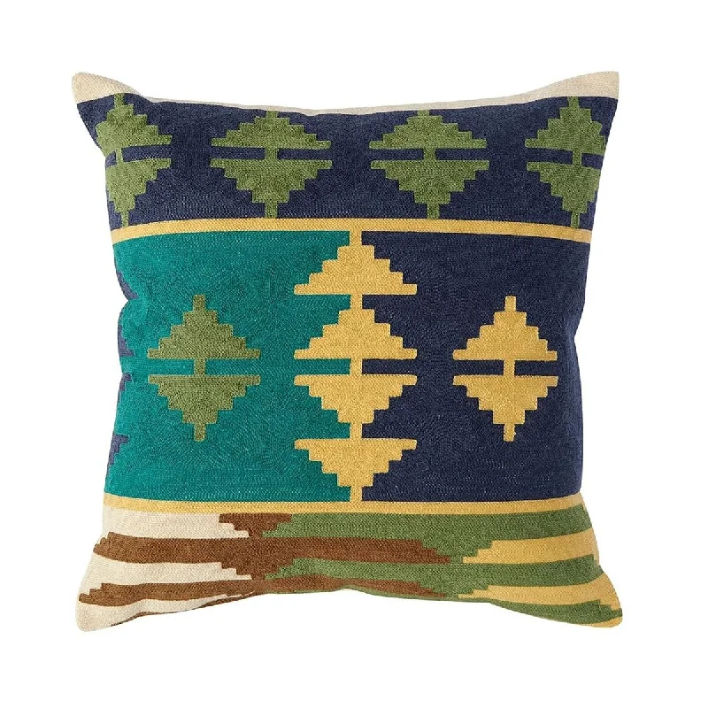 18"x18" Embroidered Decorative Throw Pillow Cushion Green Blue Tribal Southwestern - Green and Blue