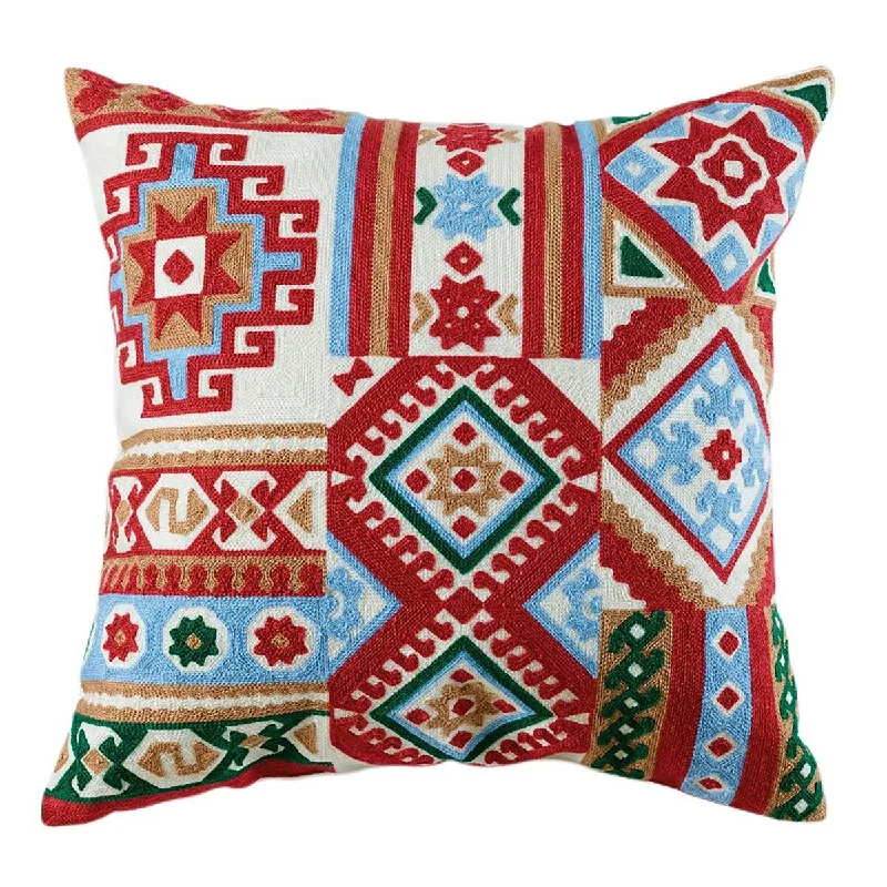 18"x18" Embroidered Decorative Throw Pillow Cushion Rust Orange Blue Tribal Southwestern - Rust Orange / Blue