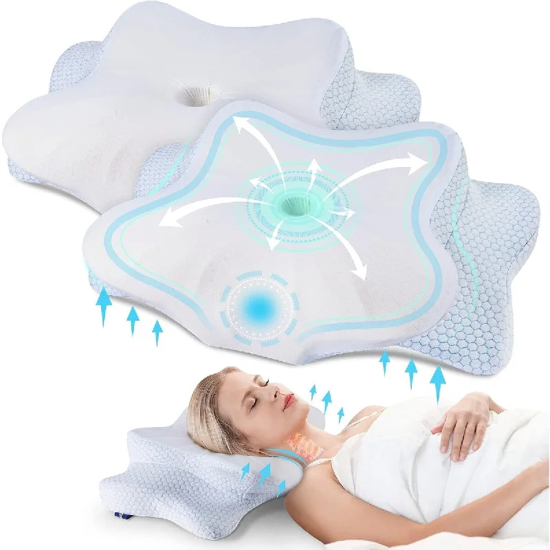 2Pack Cervical Pillow Contour Memory Foam Ergonomic Neck Support Pillow for Side Back Stomach Sleepers with Pillowcase, Blue