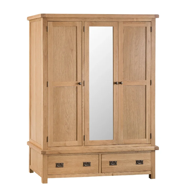 Chunky Oak 3 Doors Wardrobe With Mirror