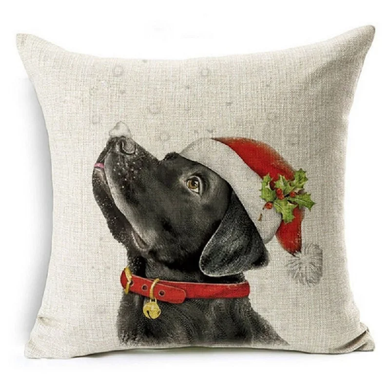 Cotton Linen Pillow Case Black Lab Santa 18 x 18