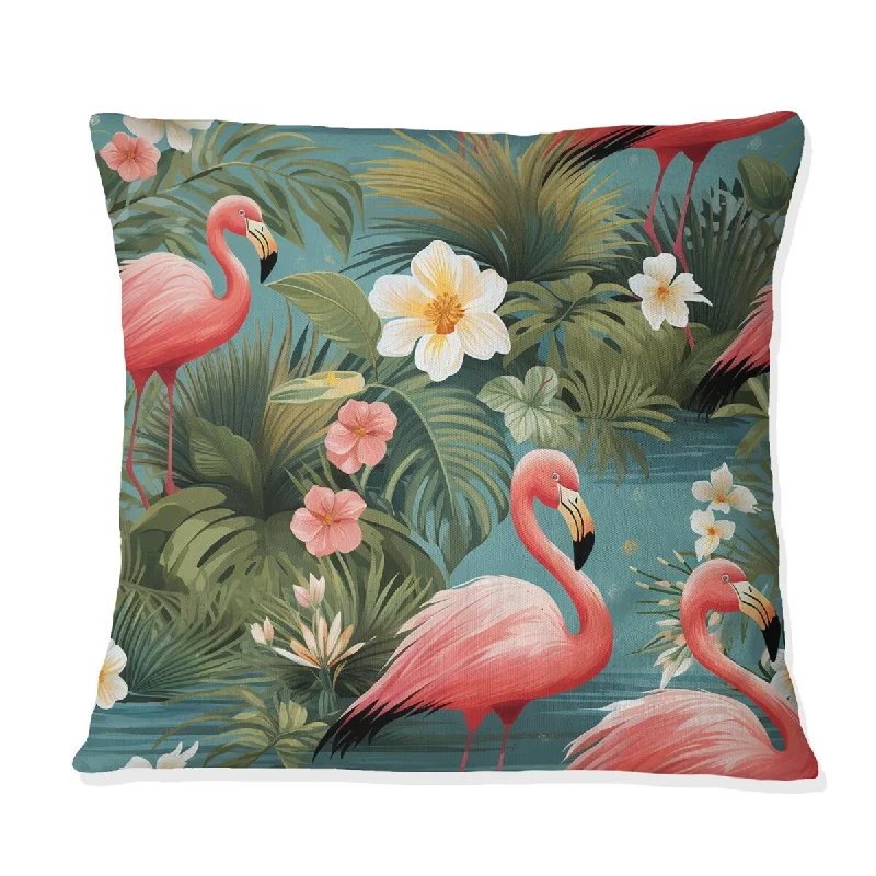 Designart "Flamingo Paradise Tropical Pattern" Tropical Printed Throw Pillow