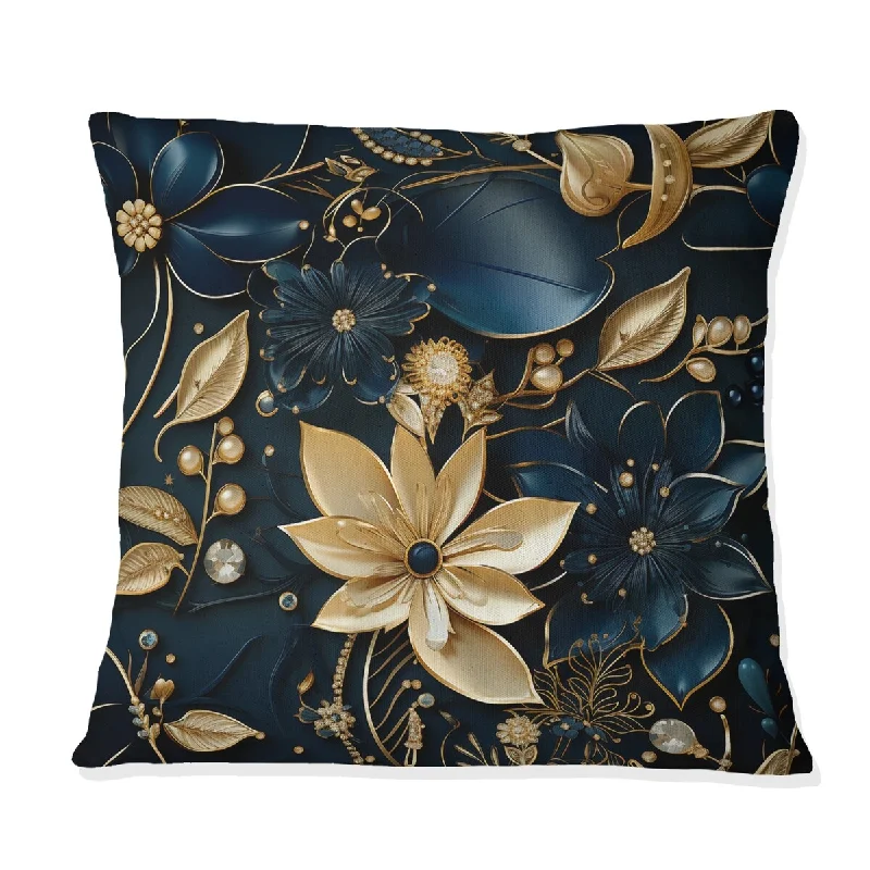 Designart "Glamorous Gold And Sapphire Elegance" Floral Printed Throw Pillow