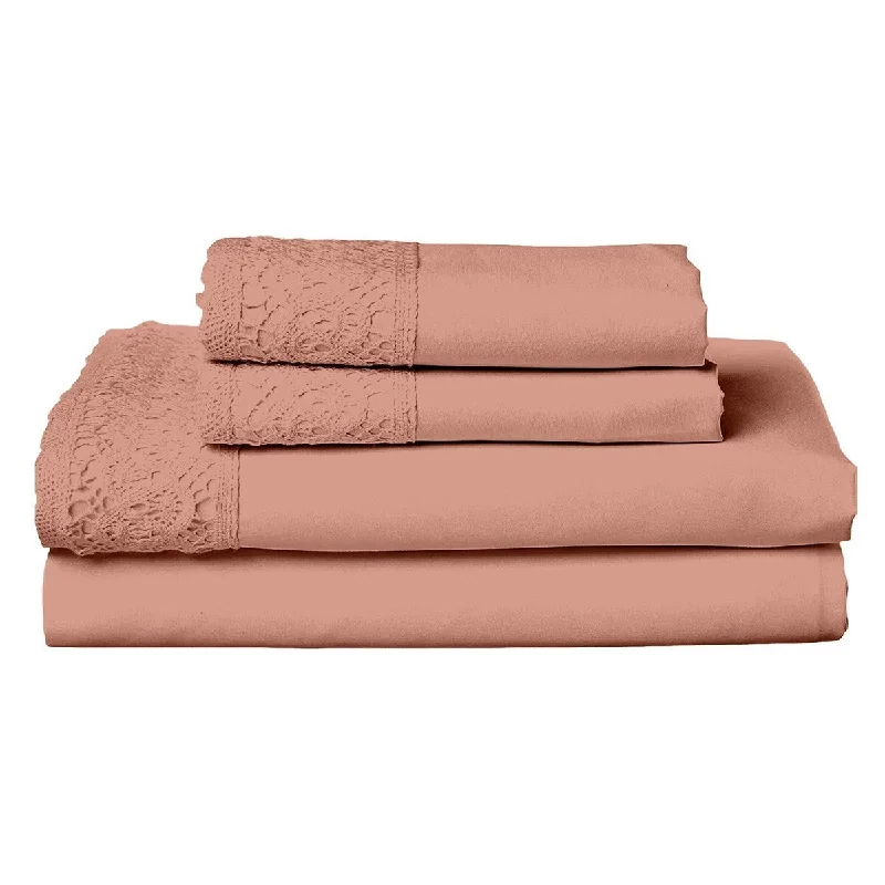 Edra 4 Piece Microfiber California King Sheet Set, Crochet Lace, Dusty Pink