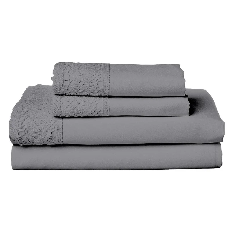 Edra 4 Piece Microfiber California King Size Sheet Set, Crochet Lace, Gray