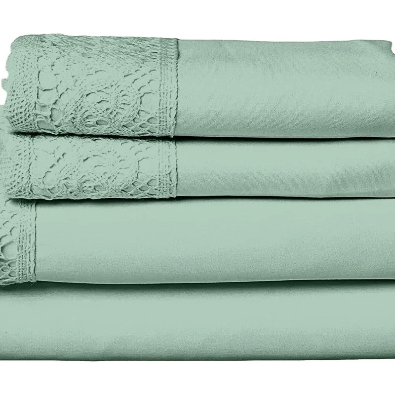 Edra 4 Piece Microfiber California King Size Sheet Set, Crochet Lace, Green