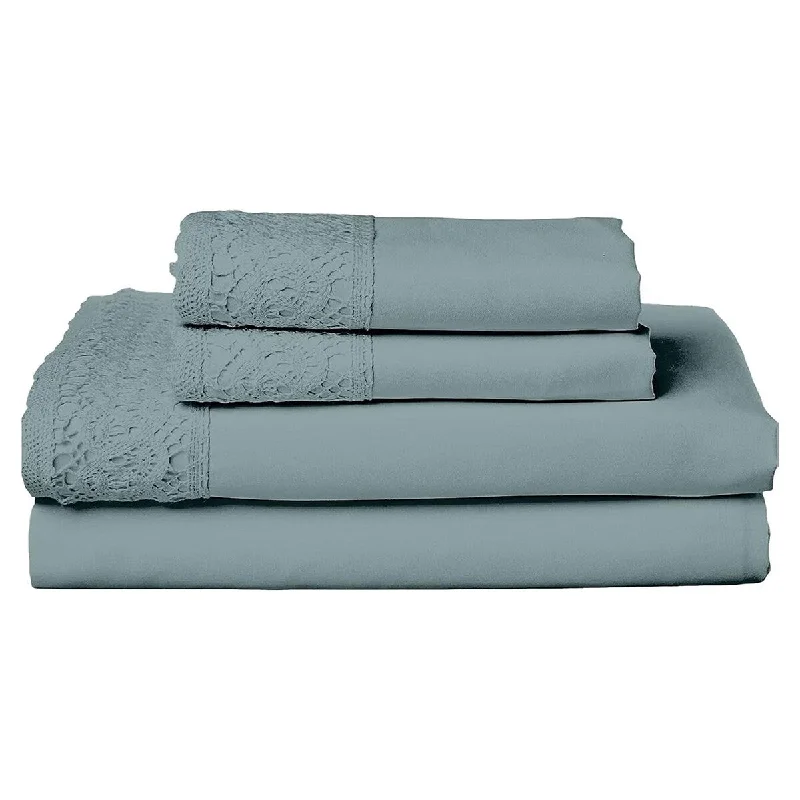 Edra 4 Piece Microfiber Full Size Sheet Set with Crochet Lace, Teal Gray