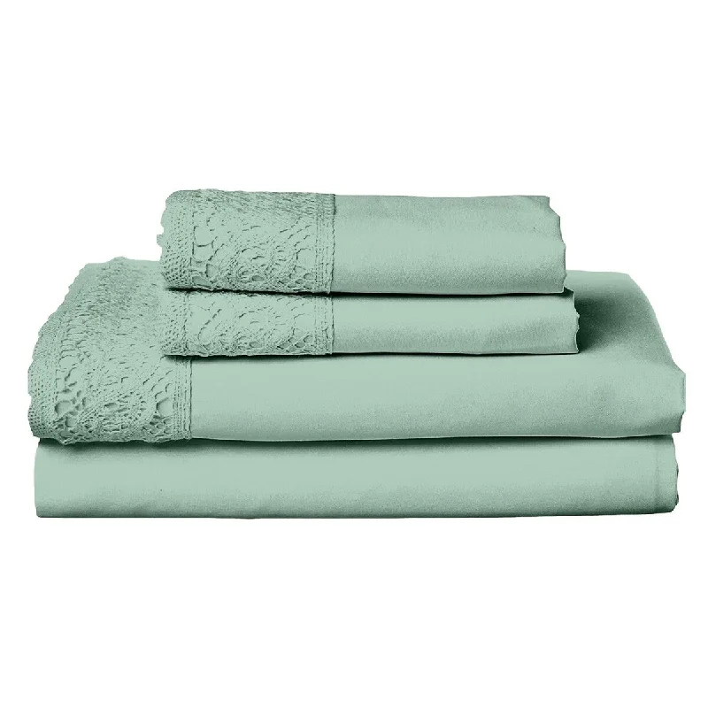 Edra 4 Piece Microfiber King Size Sheet Set with Crochet Lace, Sea Green