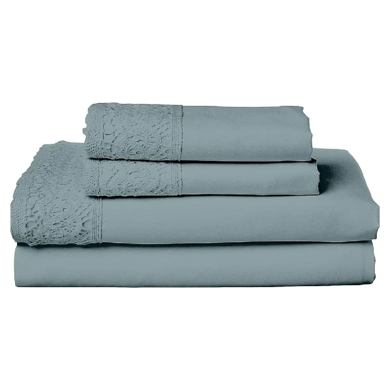 Edra 4 Piece Microfiber King Size Sheet Set with Crochet Lace, Teal Gray