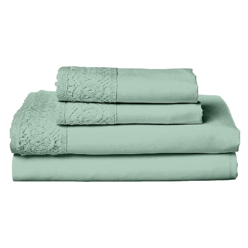 Edra 4 Piece Microfiber Queen Size Sheet Set with Crochet Lace, Sea Green