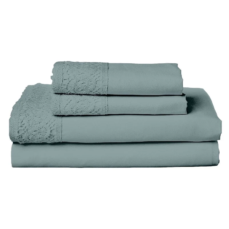 Edra 4 Piece Microfiber Queen Size Sheet Set with Crochet Lace, Teal Gray