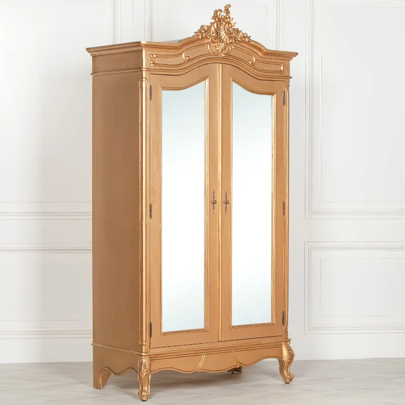 French Style Gold Carved Double Full Mirrored Armoire Wardrobe