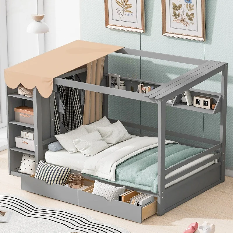 Full Size House Bed with Drawers and Wardrobe - Gray Finish