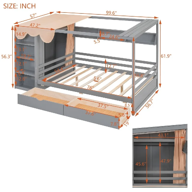 Full Size Storage House Bed with 2 Drawers, Wardrobe & Curtain, Grey