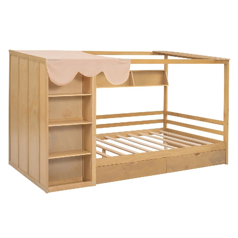 Full Size Storage House Bed with 2 Drawers, Wardrobe & Curtain,Natural