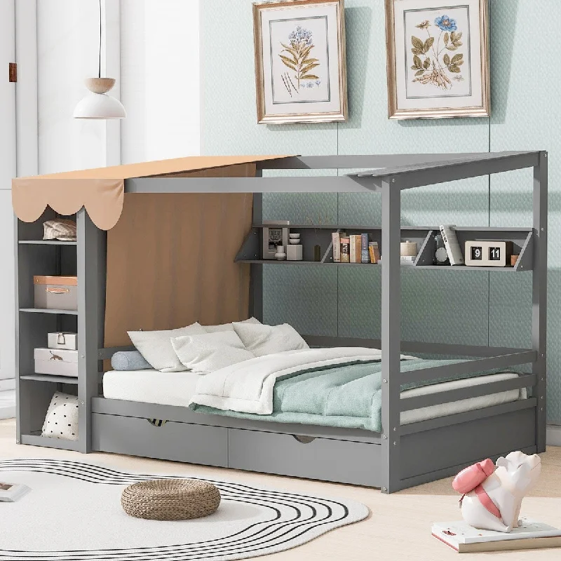 Grey Full Platform Bed with Roof and Wardrobe, 2 Drawers for Kids