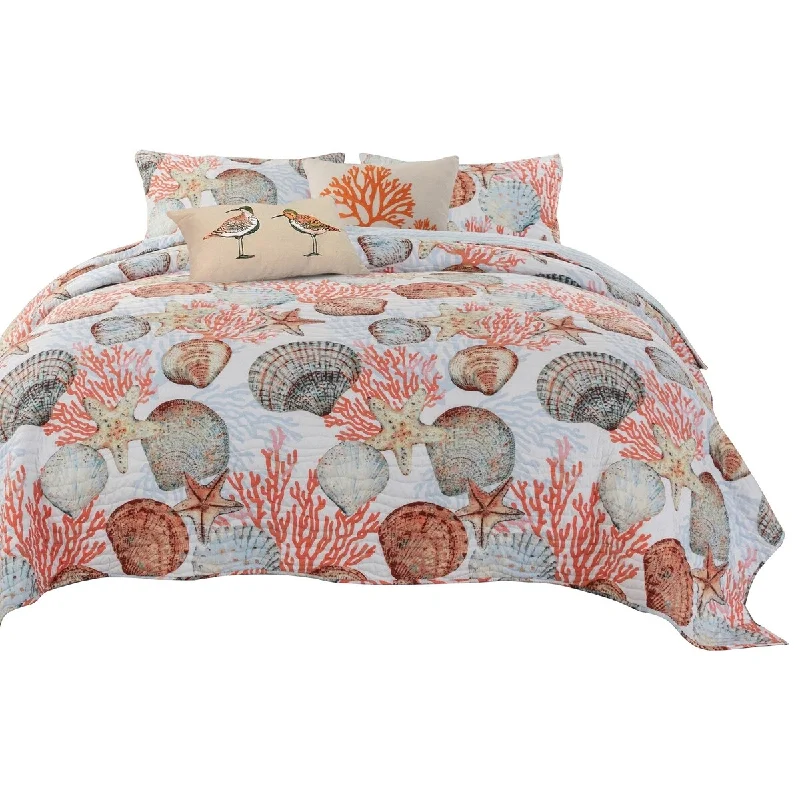 Gul 5 Piece Soft Microfiber Queen Quilt Set, Coral Shell Print, Multicolor