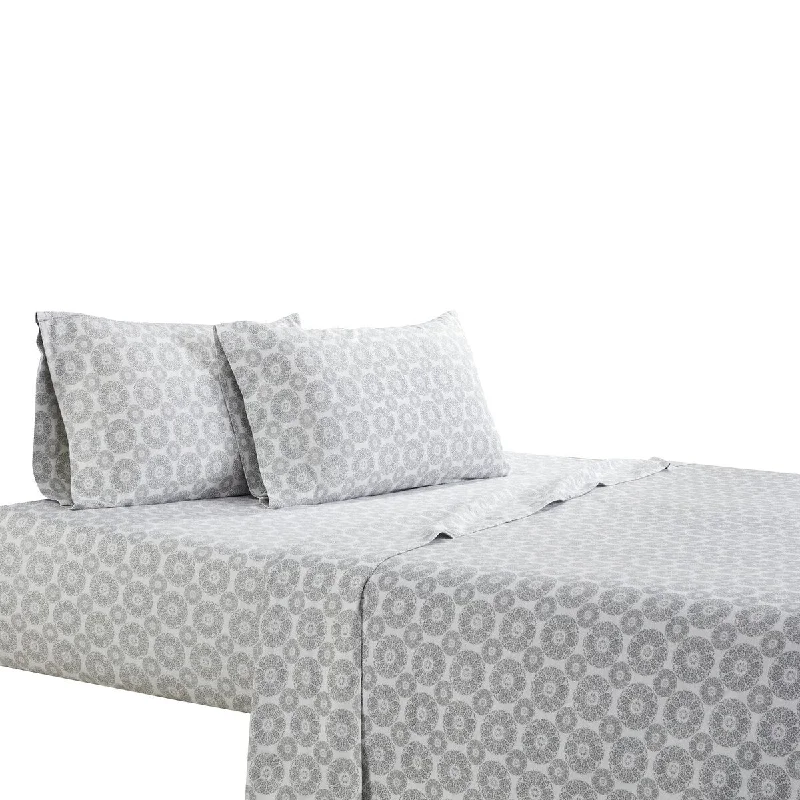 Kazan 3 Piece Twin Sheet Set with Floral Print The Urban Port, Gray and White