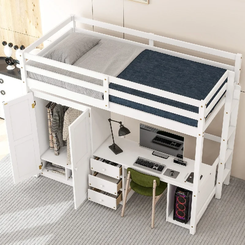 Loft Bed with Wardrobe Underneath, Computer Desk Built-in 3 Drawers