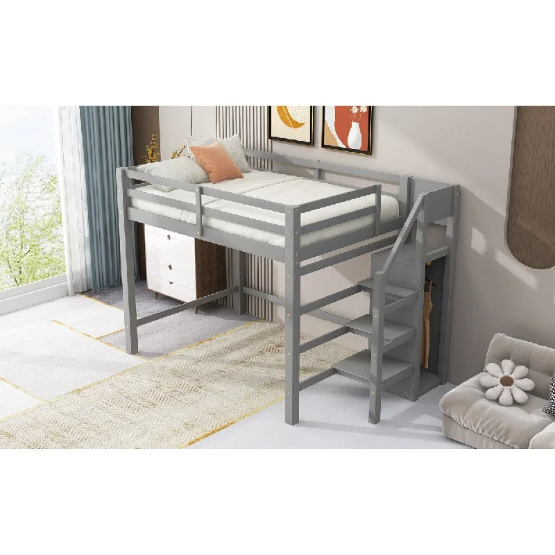 Loftbed Frame w/Shelves Stairs, Hanger Wardrobe Underneath, Gray Full