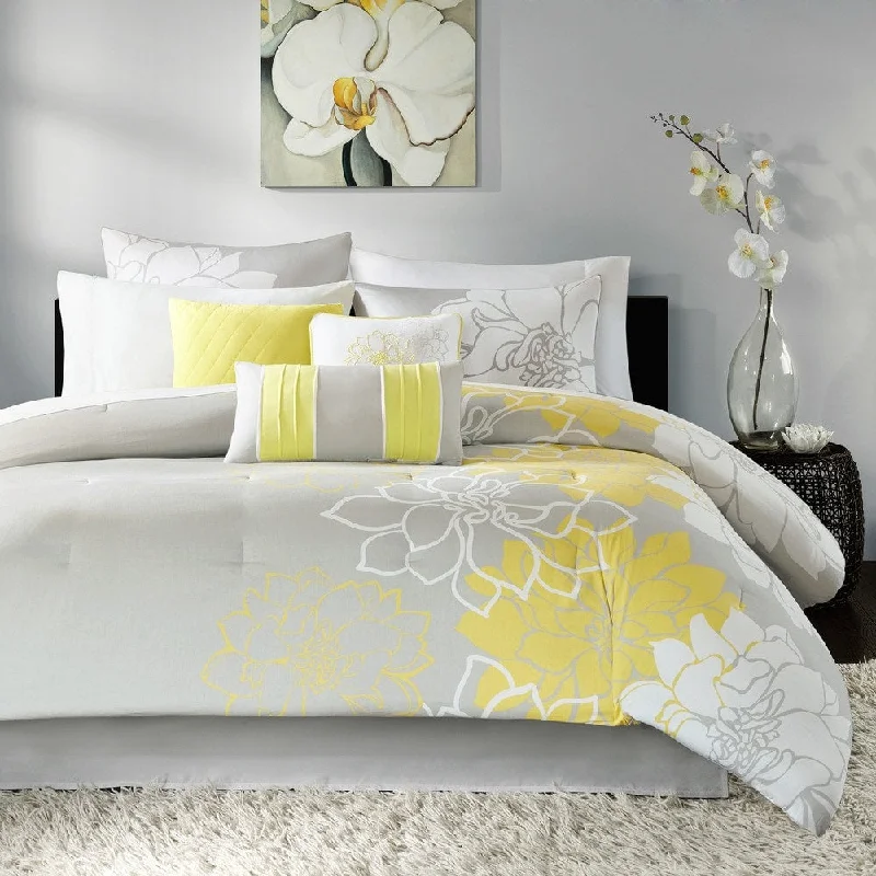 Madison Park Brianna Taupe Grey/Yellow Flower Printed Cotton Comforter Set