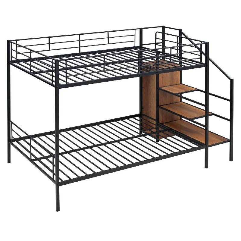 Metal Bunk Bed with Guardrails, Wardrobe Underneath Lateral Ladder