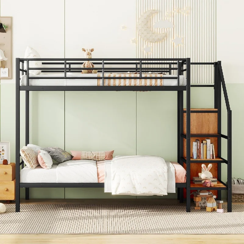 Metal Bunk Bed with Lateral Storage Ladder and Wardrobe