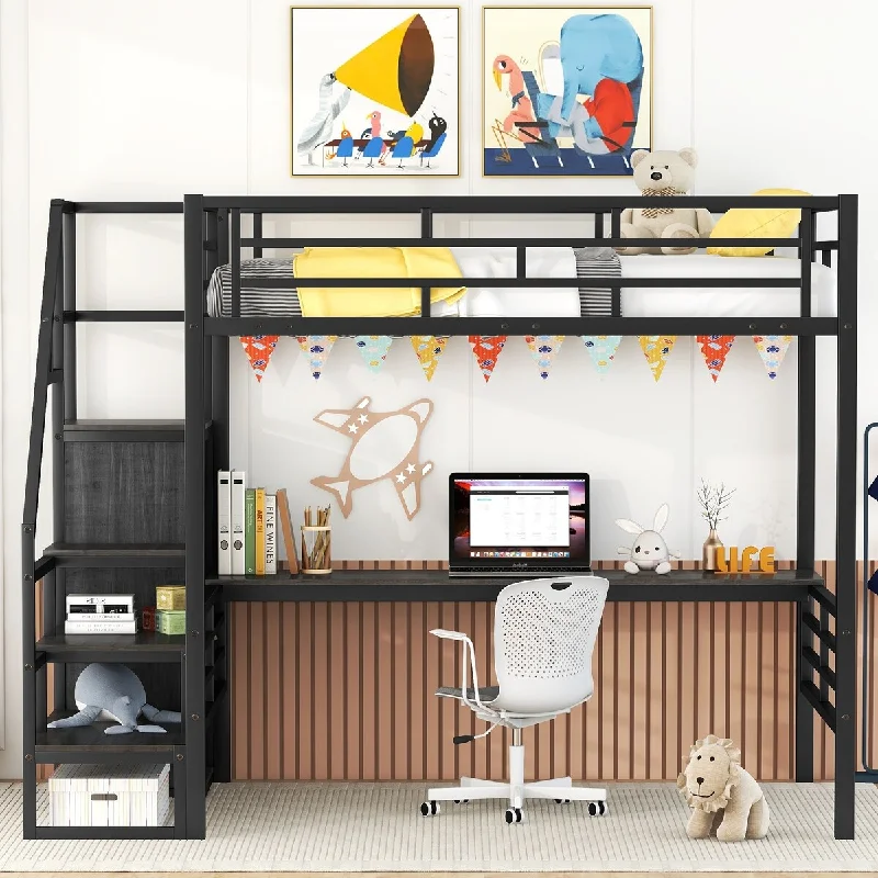 Metal Full Loft Bed with Desk, Reversible Staircase and Wardrobe