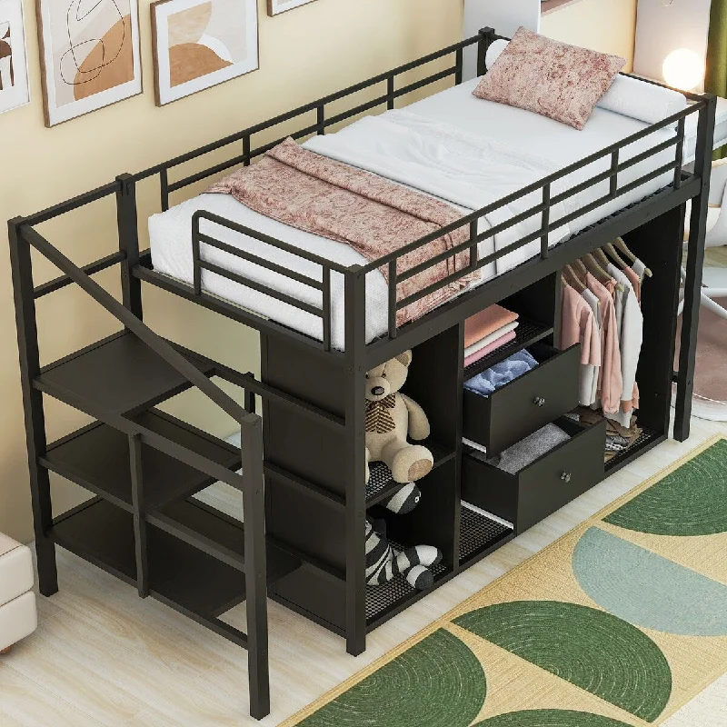 Metal Low Loft Bed with Wardrobe, Drawers and Shelves Underneath