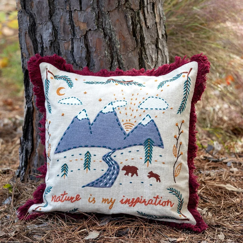 Mountain Road Appliqued Cotton Pillow