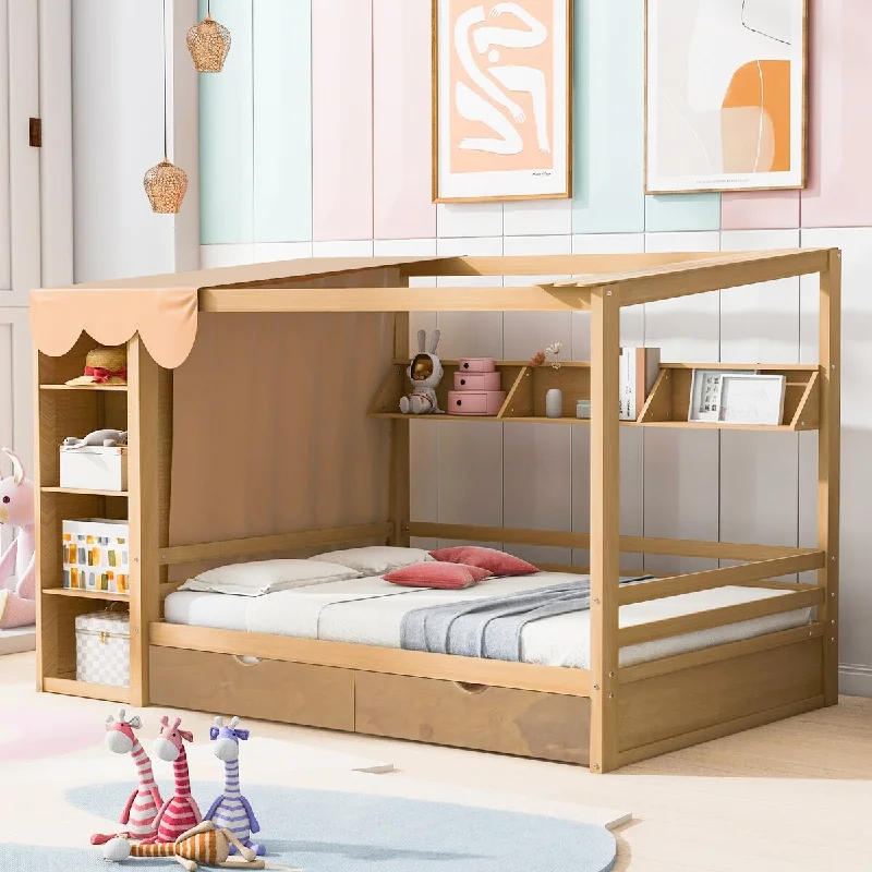 Natural Full Platform Bed with Roof and Wardrobe, 2 Drawers for Kids