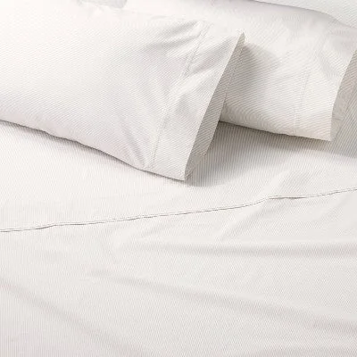 New - 4pc Queen Cotton Percale Microstripe Sheet Set Pebble/Sour Cream - Hearth & Hand with Magnolia