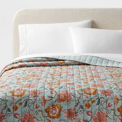 New - Full/Queen Earthy Vines Quilt Light Teal Blue/Mustard Yellow/Light Pink Floral - Threshold