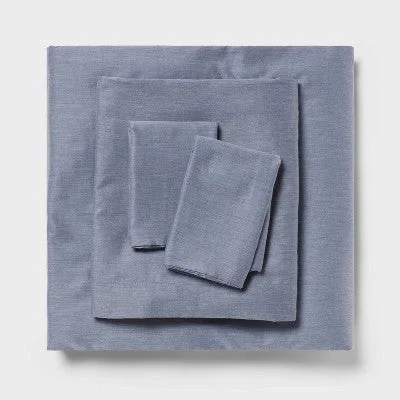 New - Queen Cotton Blend Sateen Sheet Set Navy Heather - Room Essentials