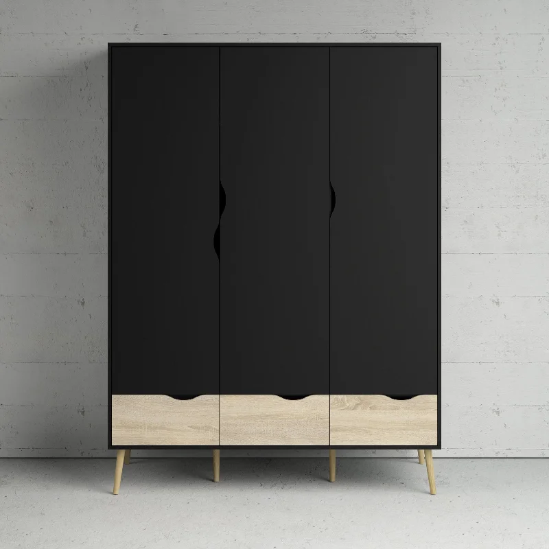 Oslo Black & Oak Finish 3 Doors Wardrobe