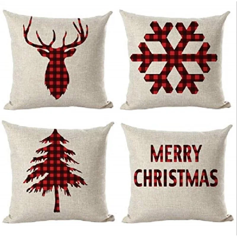 Red Plaid & Silhouette Christmas Pillow Case 18 x 18 (set of 4)