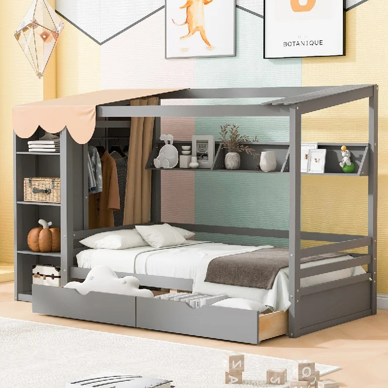 Twin Size House Platform Bed Frame with Built-in Wardrobe and 2 Storage Drawers, Solid Wood Bedframe No Box Spring Needed, Gray