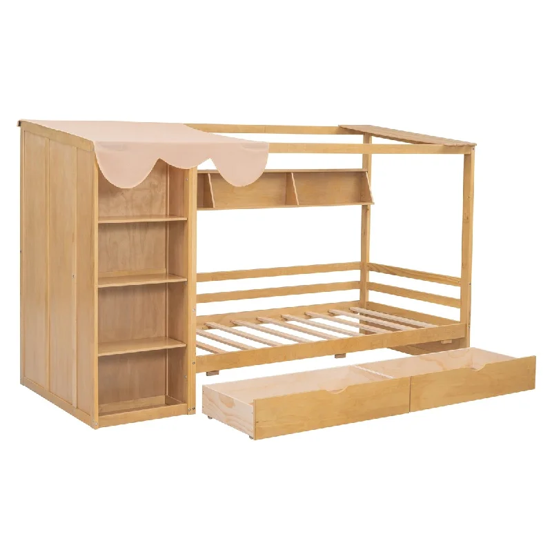 Twin Size Storage House Bed with 2 Drawers, Wardrobe & Curtain,Natural