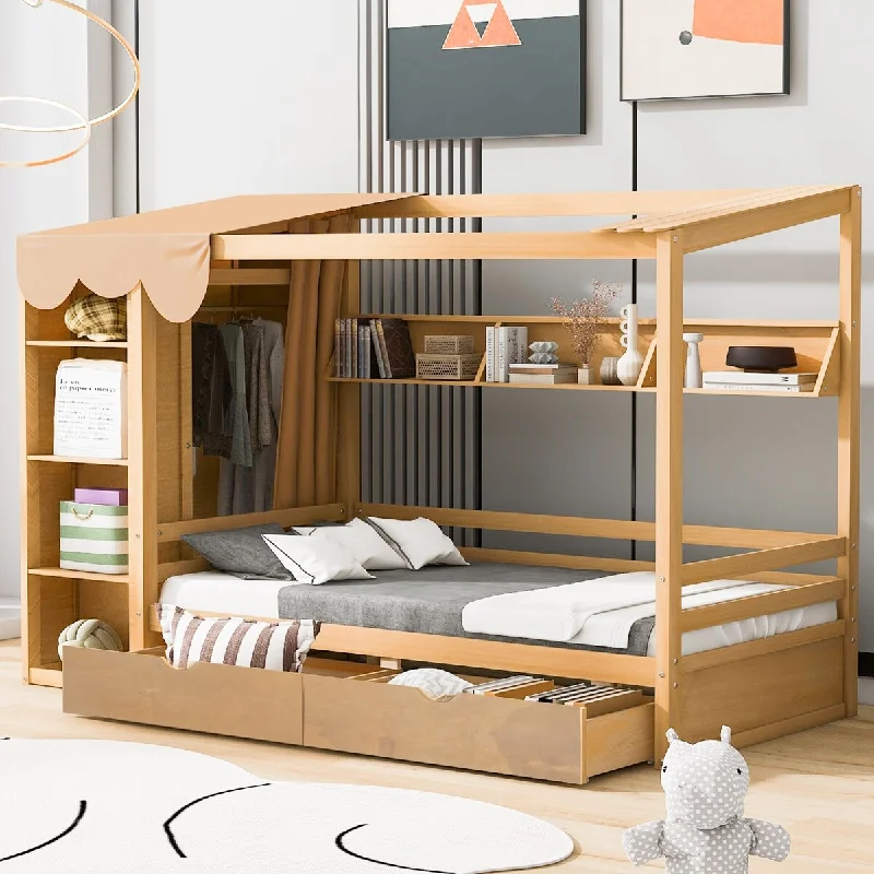 Twin Size Wooden House Bed with Two Drawers, One-piece Combination Platform Bed with Wardrobe and Storage Shelves, Natural