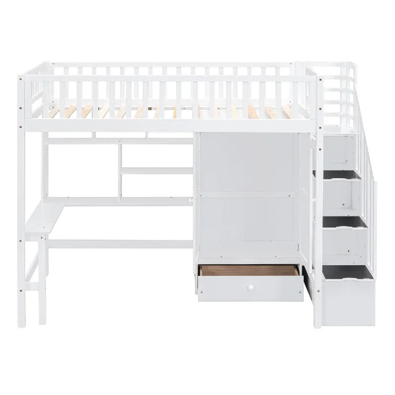 Twin Stairway Loft Bed w/ Wardrobe, Desk, Bookshelf and Drawers, White