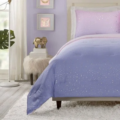 Twin/Twin Extra Long Teen Ombre Foil Dot Comforter Set Pink/Blue/Metallic Gold