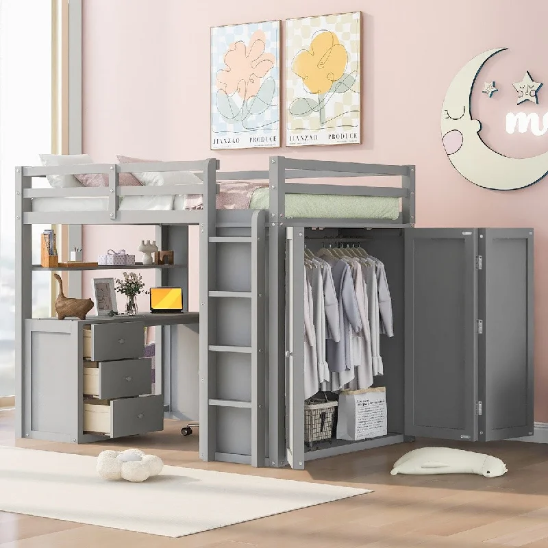 Versatility Storage Bed Frame, Grey Wooden Full Size Loft Bed Frame with 3 Drawers, Desk and Wardrobe for Kids, Teens