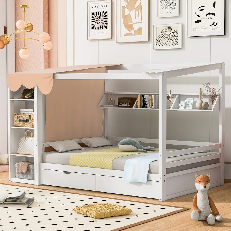 White Full Platform Bed with Roof and Wardrobe, 2 Drawers for Kids