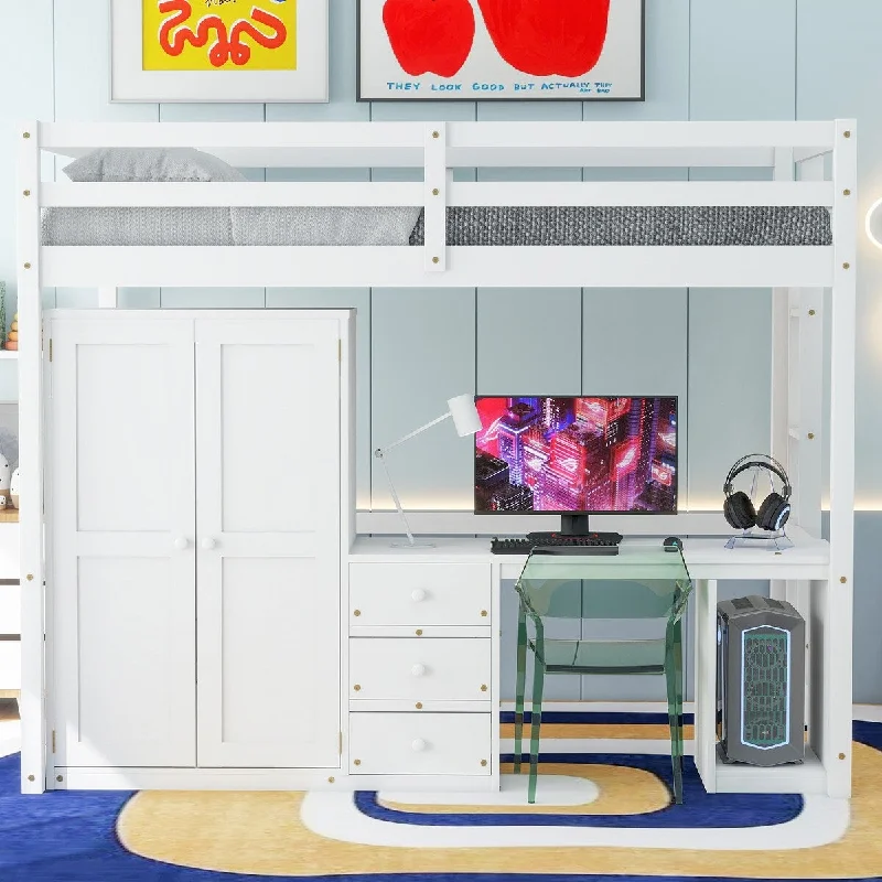 White Full Size Storage Bed Loft Wood Bed with Ladder, Computer Desk Built-in 3 Drawers, Wardrobe Underneath and Open Cabinet