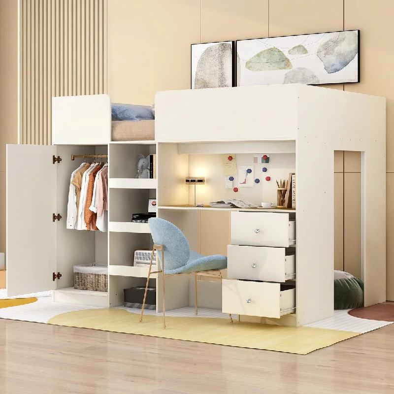 Wood Full Size Loft Bed with Built-In Wardrobe, Storage Shelves and 3 Drawers, Built-In Desk