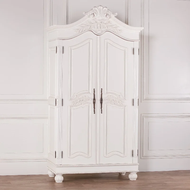 Wooden Carved French Chateau White Double Armoire Wardrobe